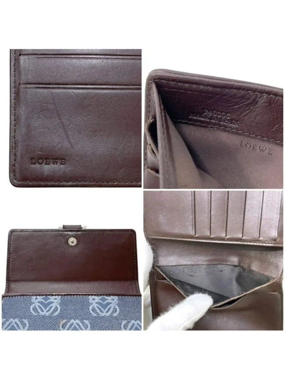 Loewe Bifold Wallet Blue Brown Anagram Canvas Leather Logo All Over Pattern Hook